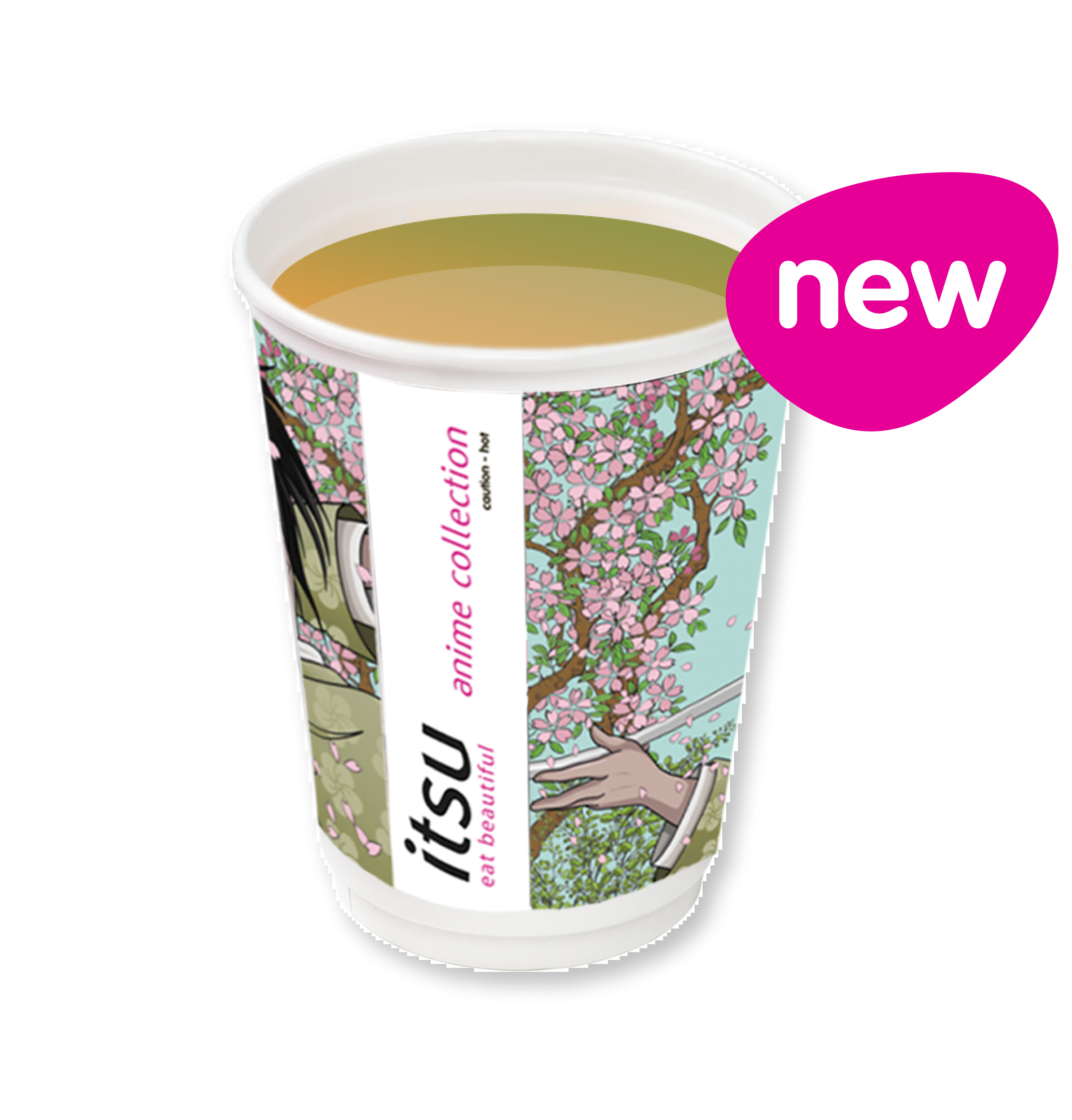 Itsu paper cup filled with green tea, featuring cherry blossom and anime-inspired artwork.