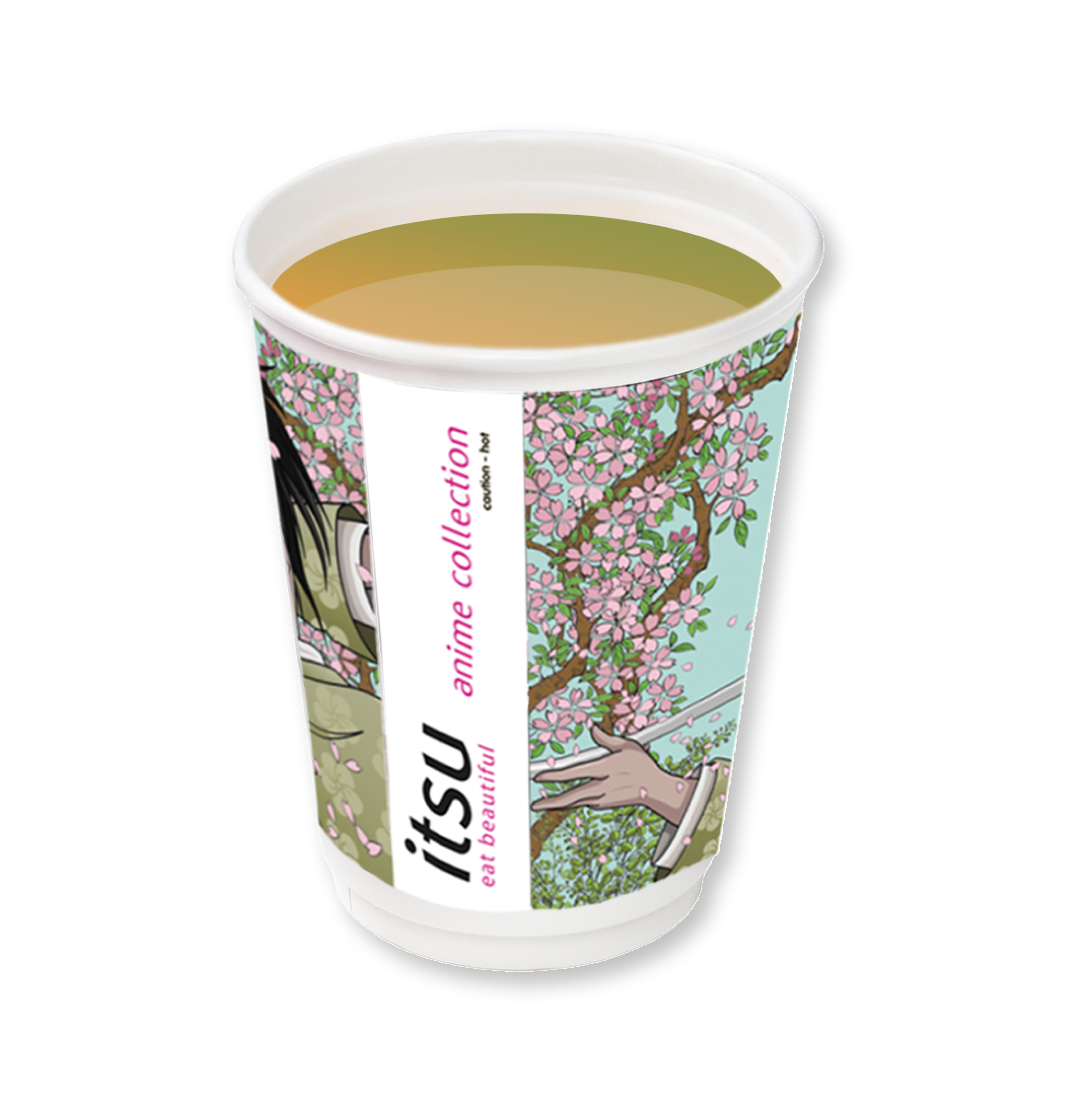 Itsu paper cup filled with green tea, featuring cherry blossoms and 'summer collection' design.