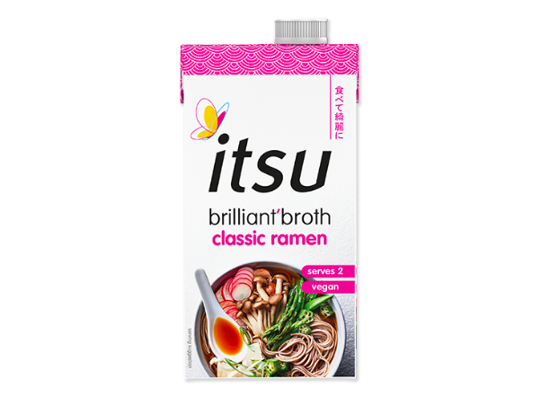 Itsu brilliant'broth classic ramen carton features a bowl of ramen on its label.