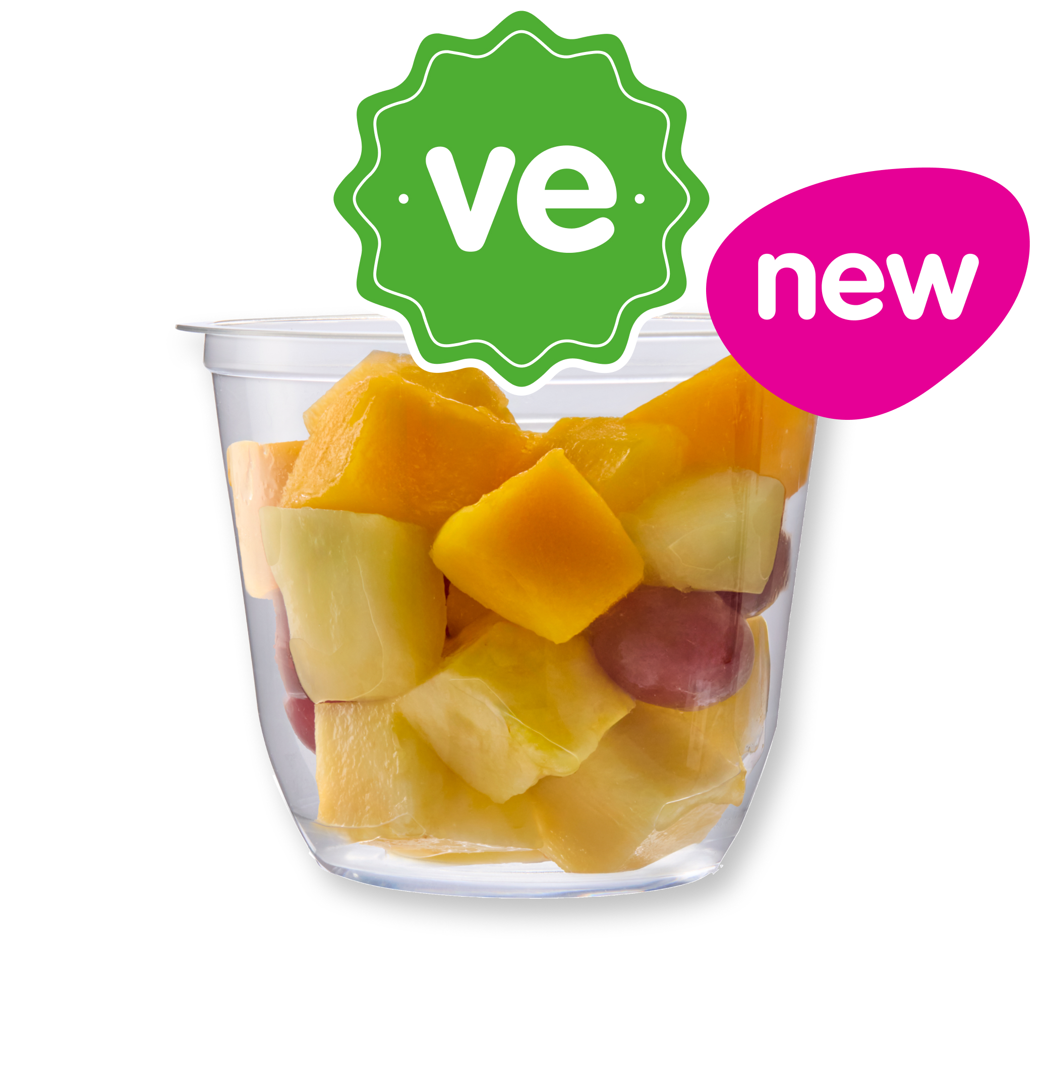 Chopped mango and pineapple fruit in a clear cup with 've' and 'new' labels.