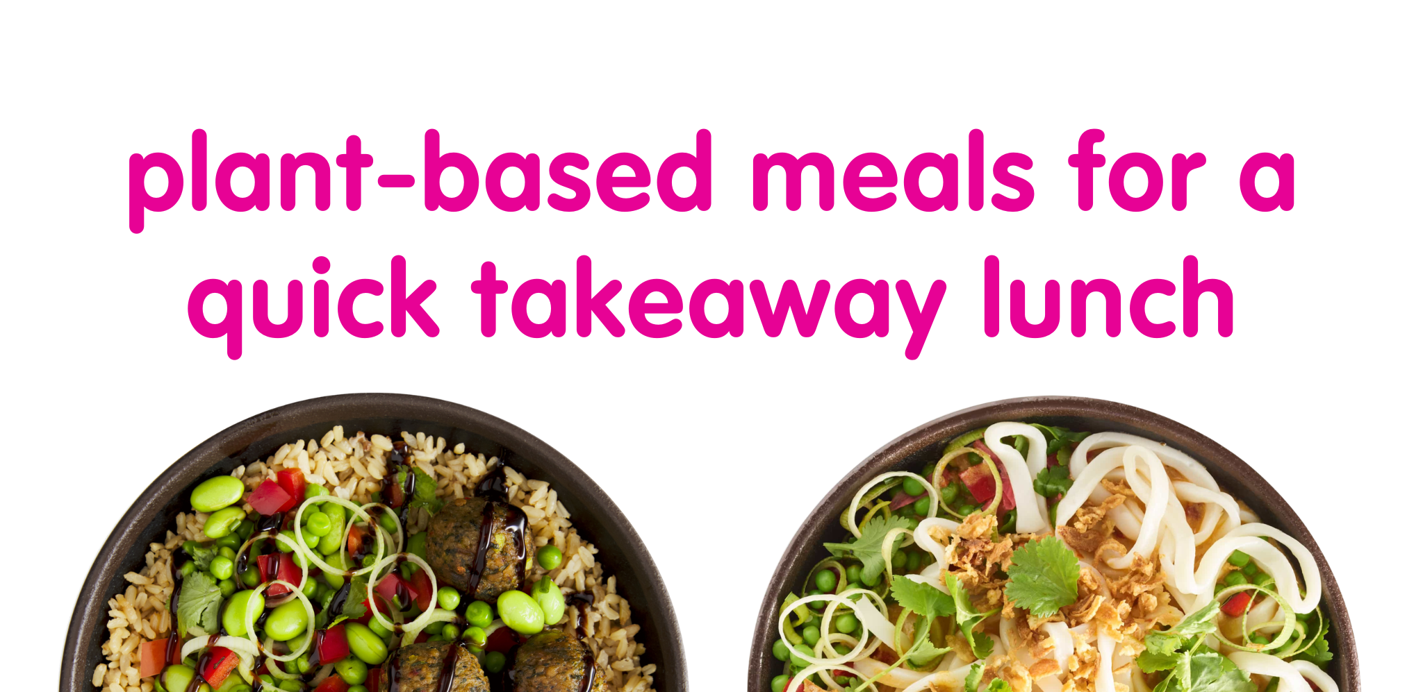 Two bowls of plant-based meals, text reads 'plant-based meals for a quick takeaway lunch'.