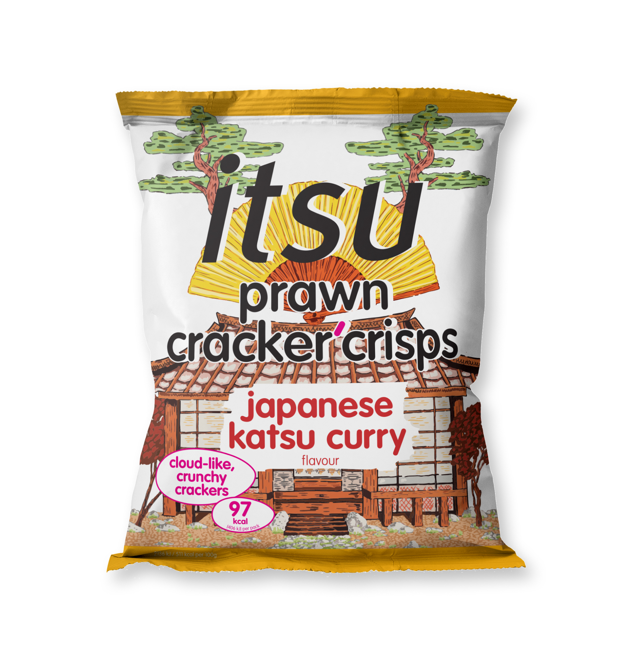 itsu prawn cracker crisps in Japanese katsu curry flavor packaging, white and gold design.
