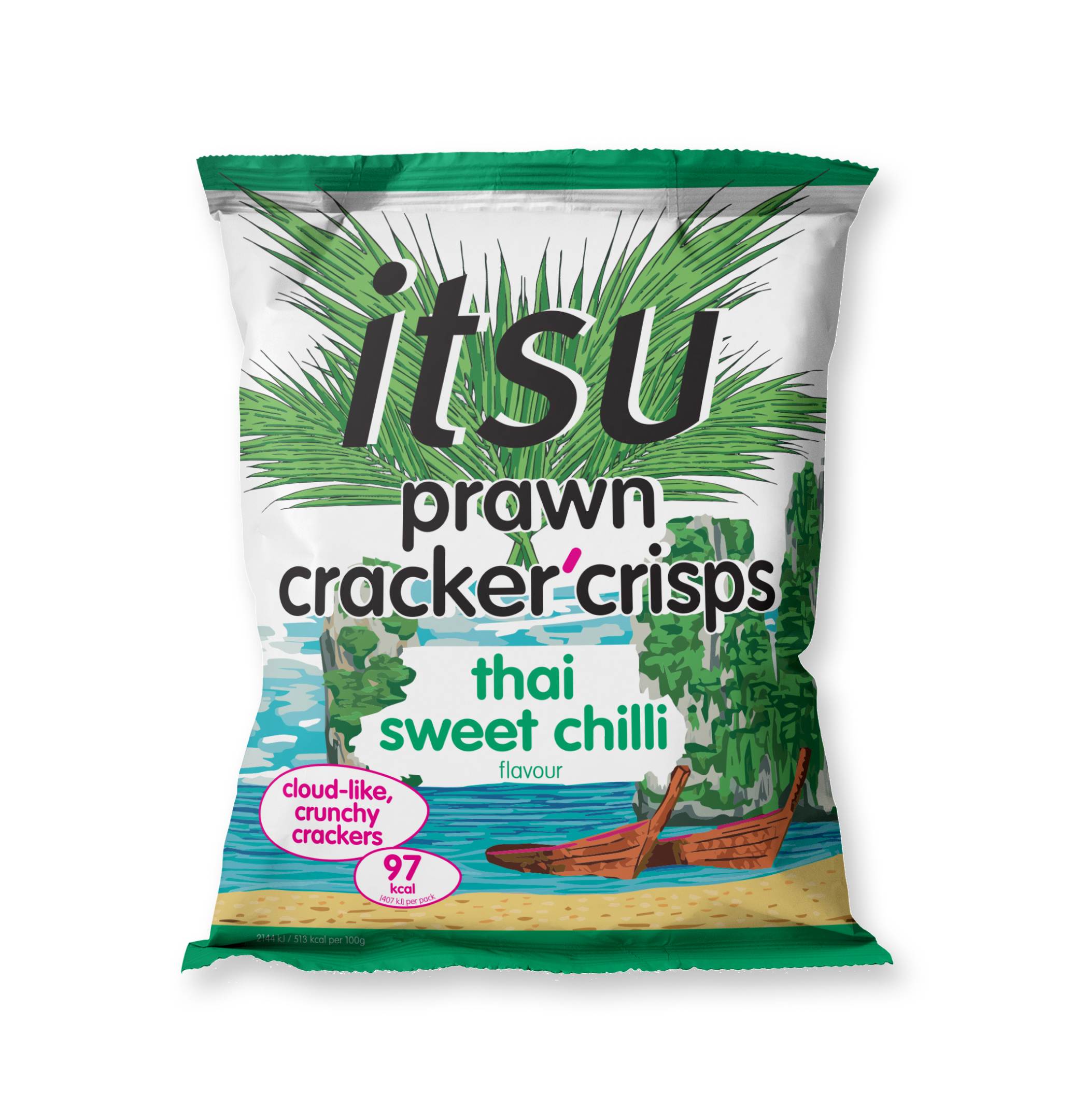 Itsu Prawn Cracker Crisps in Thai Sweet Chilli flavor, a green and white snack bag.
