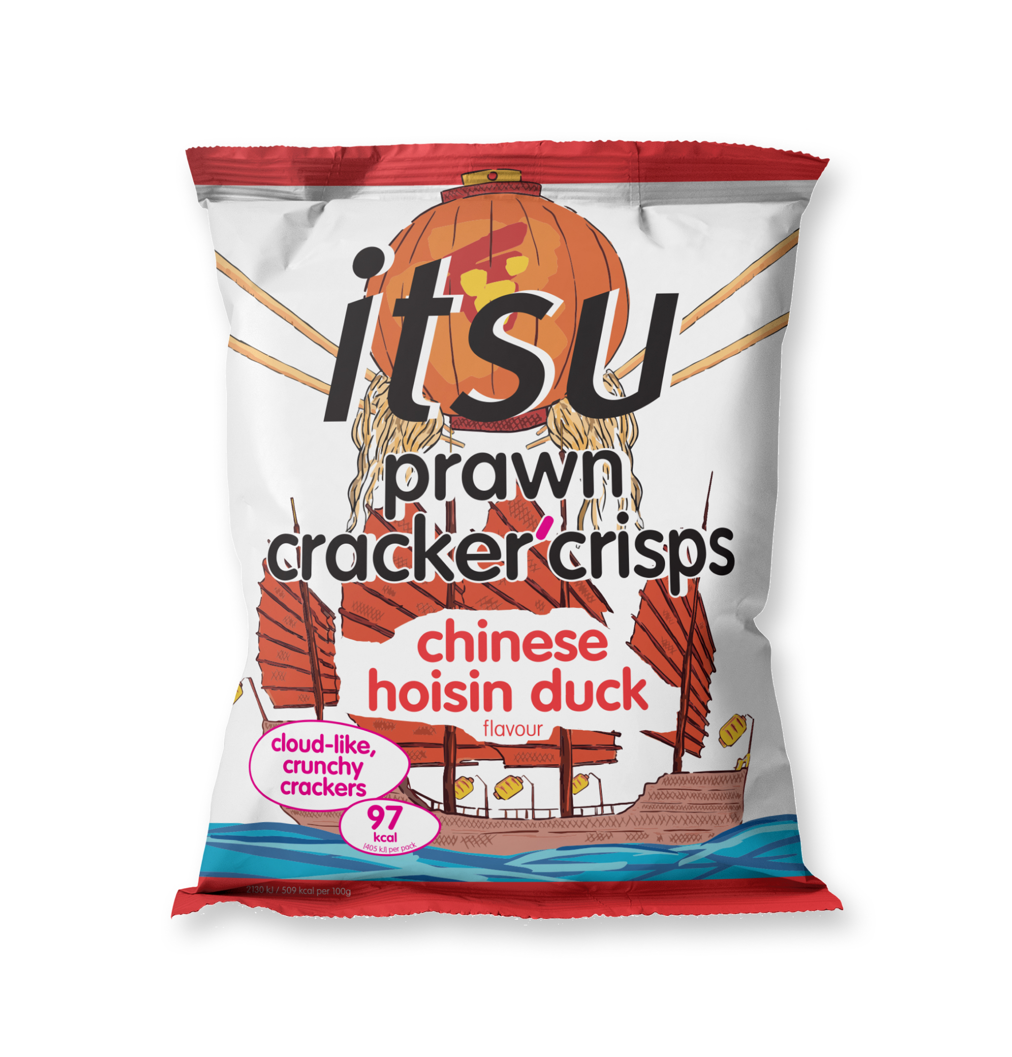 itsu prawn cracker crisps in Chinese hoisin duck flavor, featuring a lantern and junk boat.