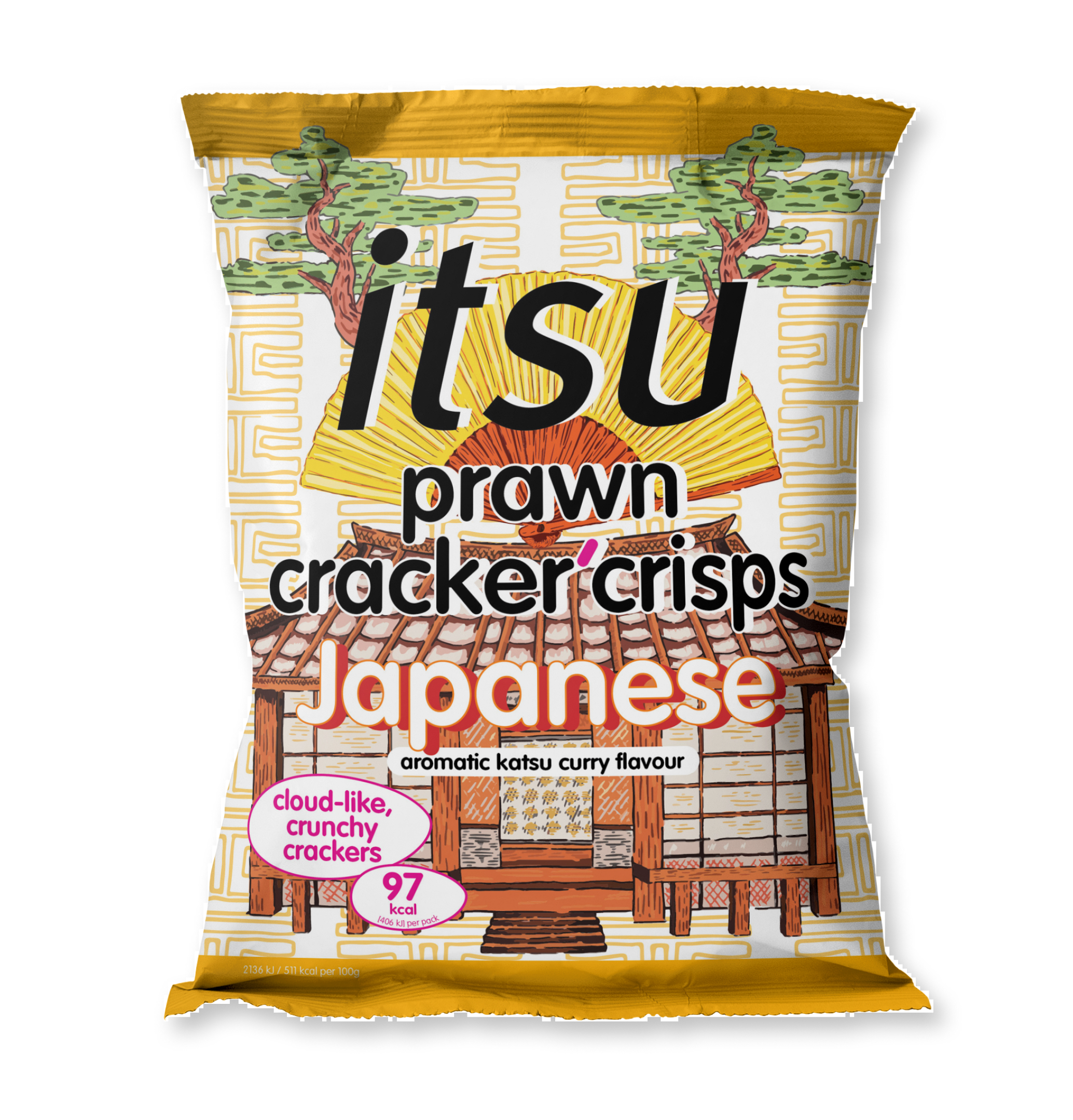 A bag of Itsu prawn cracker crisps with Japanese style illustrations.