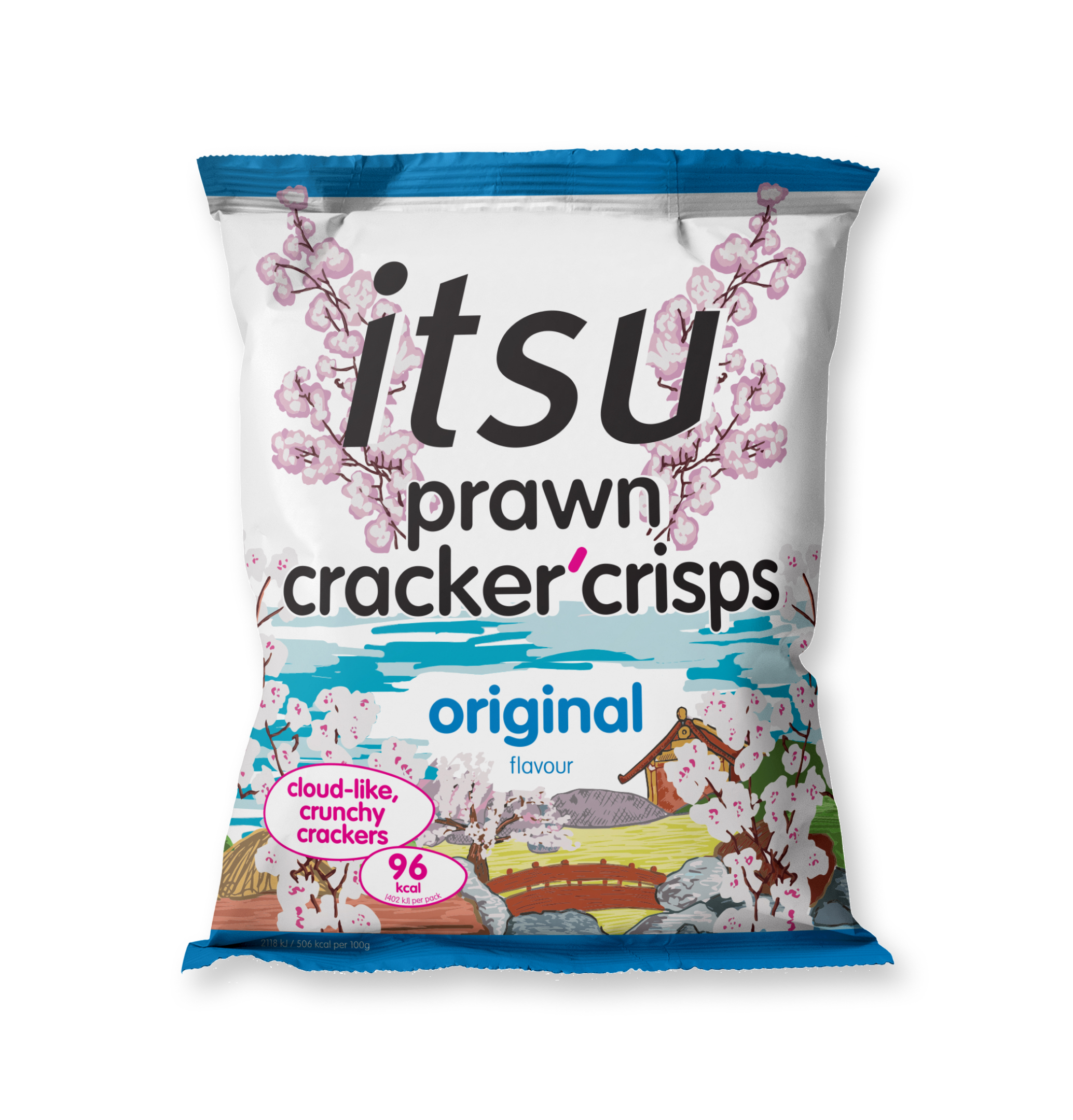 itsu prawn cracker crisps original bag, white with blue trim and floral design.