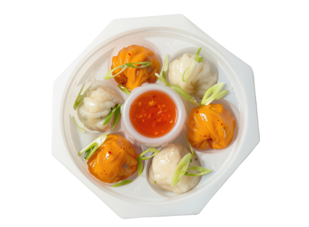 Steamed dumplings in an octagonal dish, with orange and white varieties surrounding chili sauce.