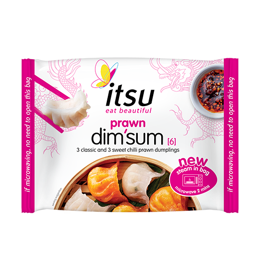 Itsu prawn dim sum package with dumplings, a bamboo steamer, and chili sauce.
