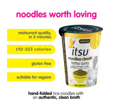 Itsu noodles+broth katsu curry cup, featuring gluten-free, vegan, and quick preparation.