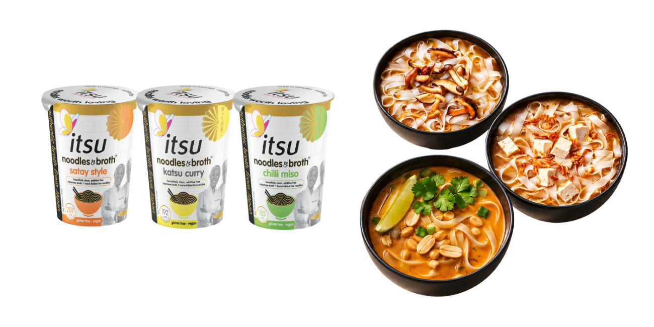 Three itsu noodle cups in various flavors next to three bowls of prepared Asian noodle dishes.