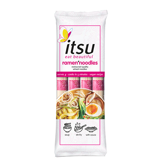 itsu eat beautiful ramen noodles package displays prepared ramen with egg.