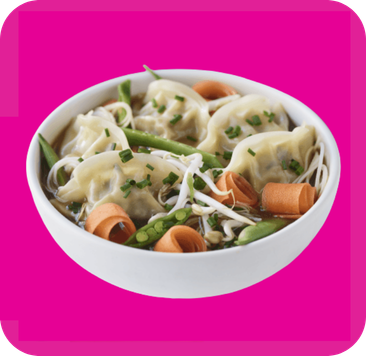 White bowl of Asian soup with dumplings, bean sprouts, green beans, and carrot ribbons.