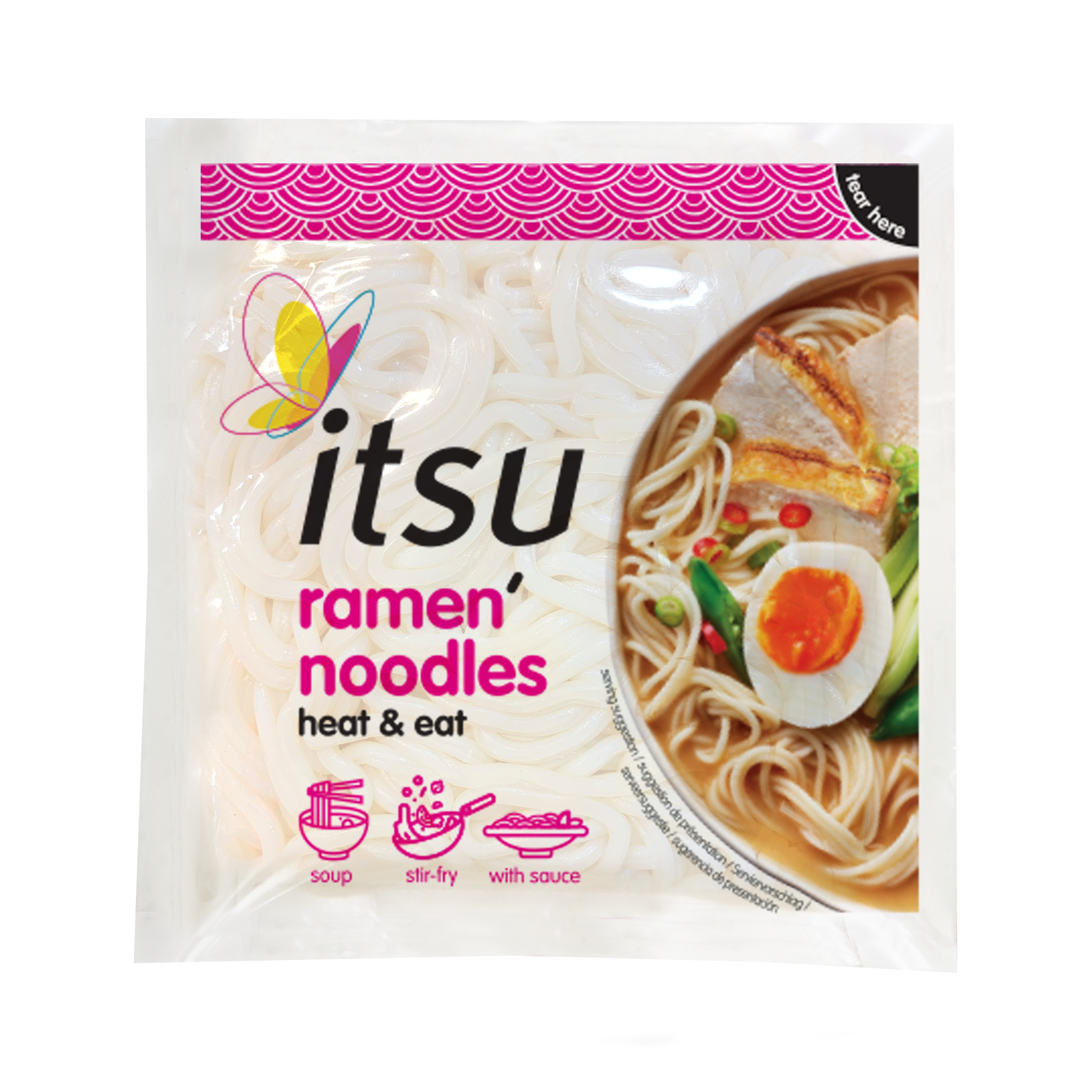 itsu ramen noodles package with prepared ramen bowl on the right.
