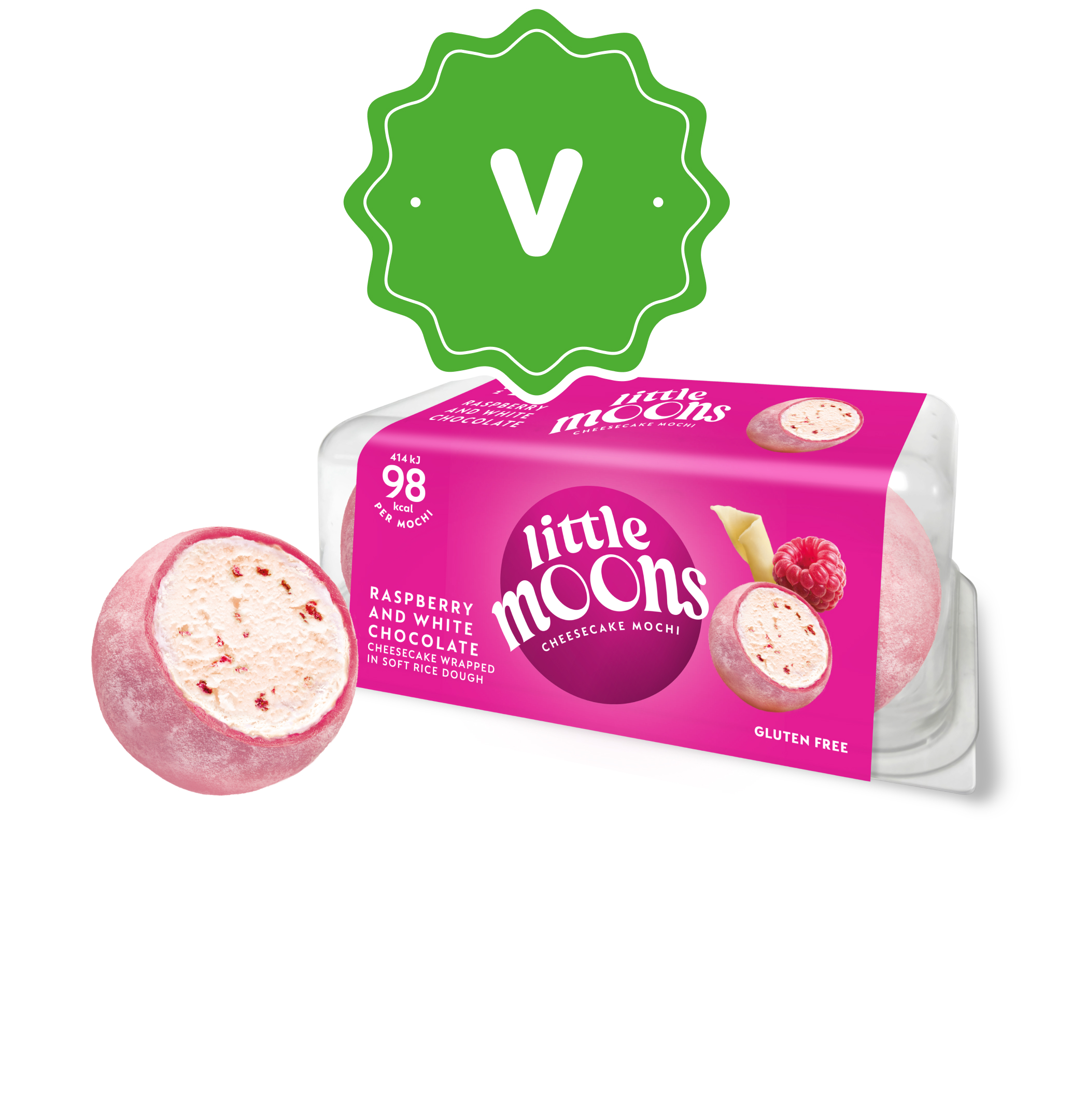 Strawberry Little Moons mochi ice cream package with an opened mochi ball and a green vegan symbol.