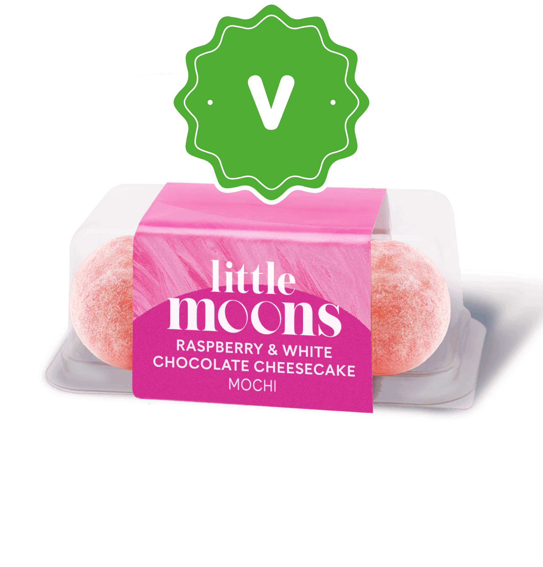 Little Moons Raspberry & White Chocolate Cheesecake Mochi package with a vegan symbol.
