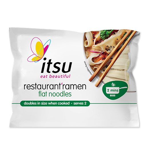 Itsu restaurant ramen flat noodles package featuring cooked ramen and chopsticks.