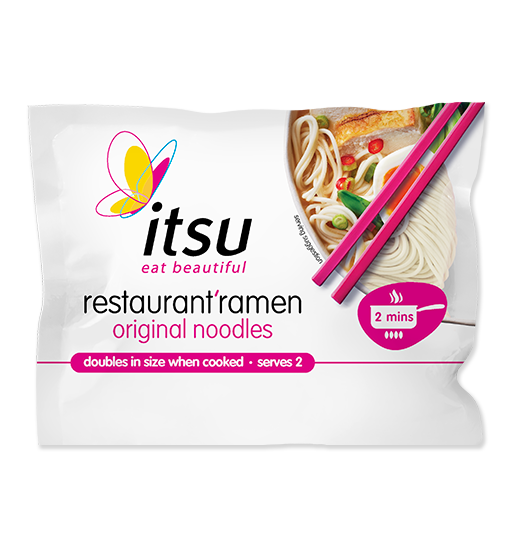 Itsu restaurant ramen original noodles package featuring a bowl of ramen and pink chopsticks.