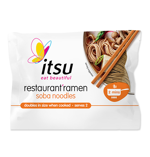 itsu restaurant ramen soba noodles package featuring a bowl of cooked noodles.