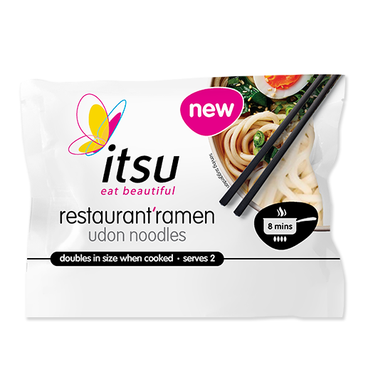 Itsu restaurant ramen udon noodles packaging, showing a bowl of cooked noodles and chopsticks.