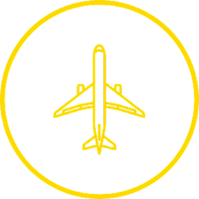 Yellow outline of an airplane icon within a circular border.