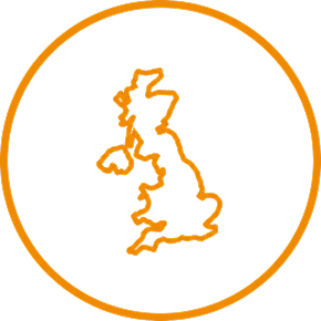 Orange outline map of the United Kingdom and Ireland within a white circle.