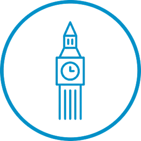 Blue line art icon of Big Ben clock tower within a circular border.