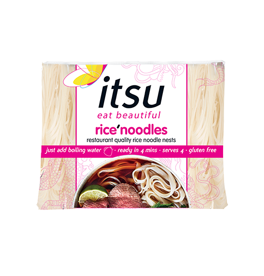 itsu rice'noodles product package with pink label featuring a bowl of pho soup.