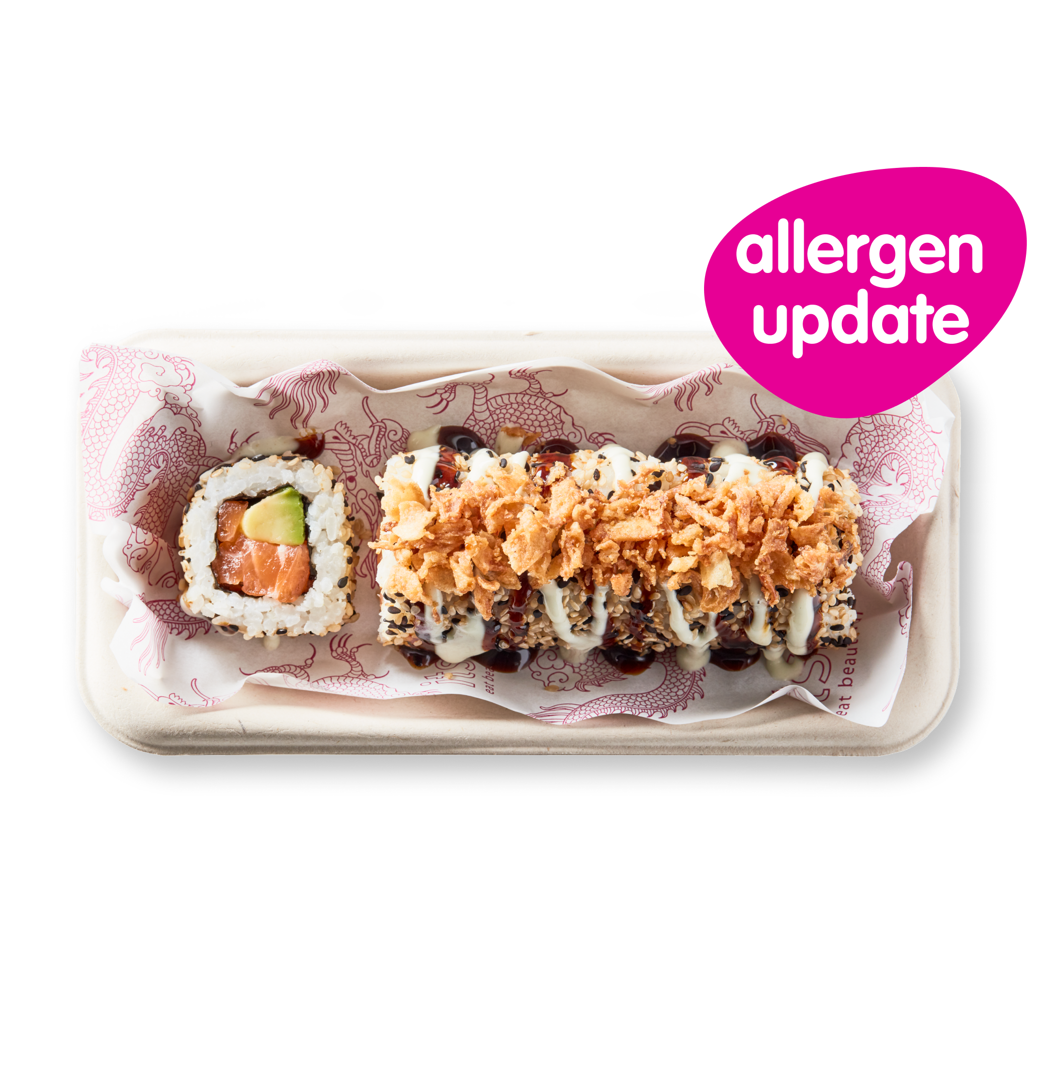 Sushi tray with salmon and avocado maki, plus a crispy onion-topped roll. Allergen update.