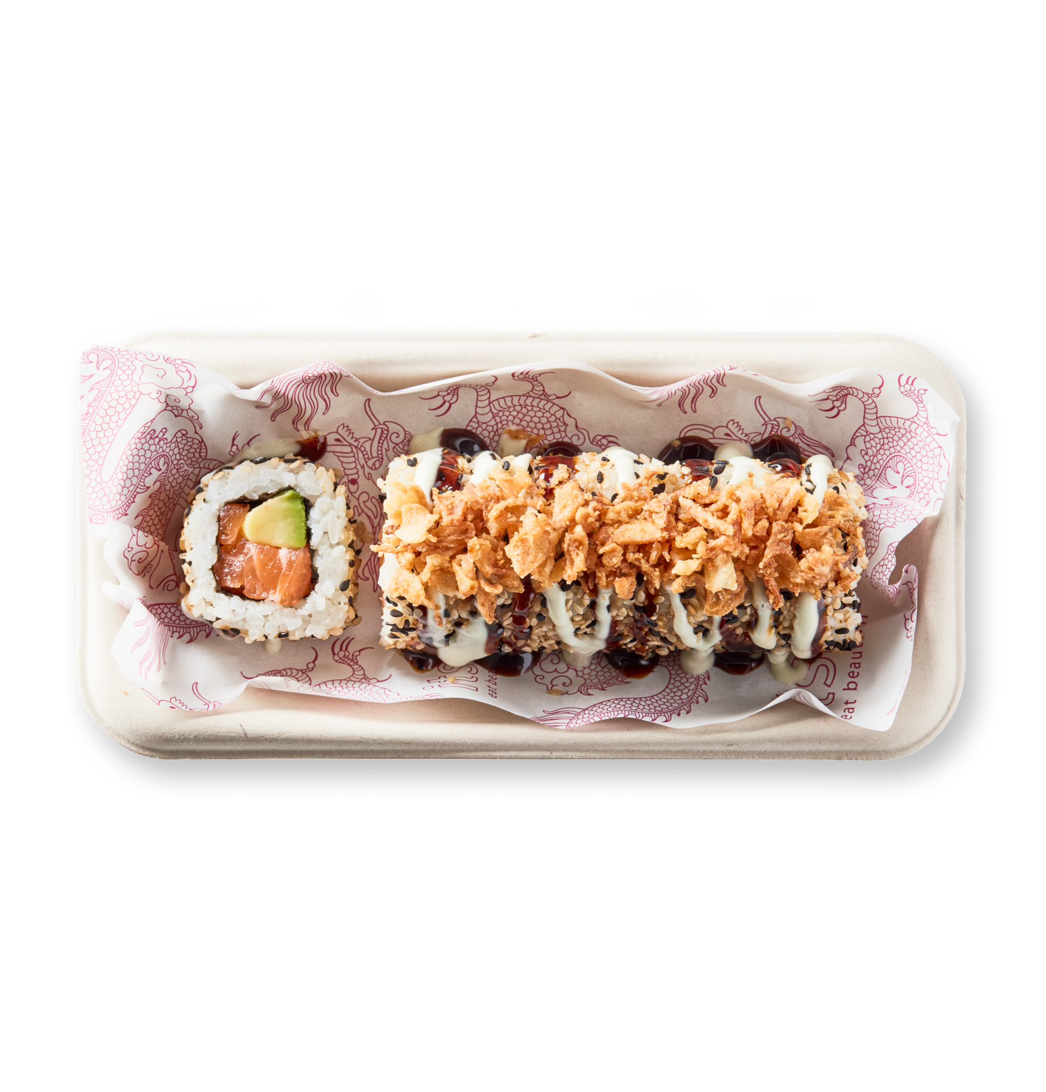 Two distinct sushi rolls in a takeaway container: salmon avocado and crispy onion topped.