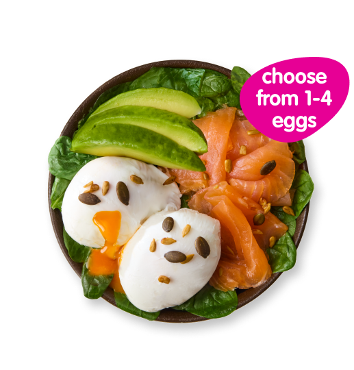 A healthy meal bowl with poached eggs, smoked salmon, avocado slices, and fresh spinach.