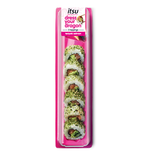 Itsu spicy salmon sushi rolls in pink packaging with green topping.