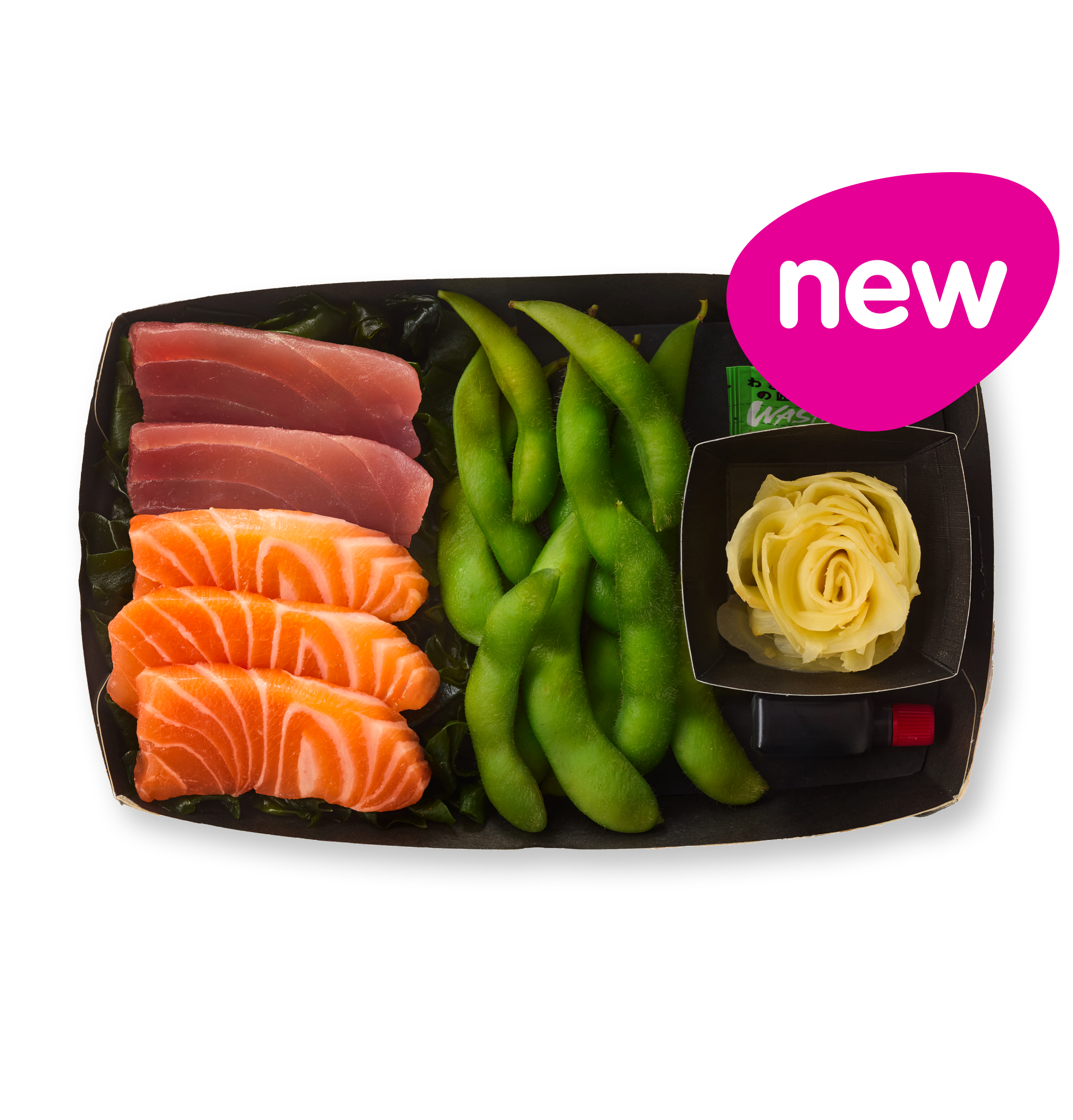 New sushi tray with tuna, salmon sashimi, edamame, and pickled ginger.