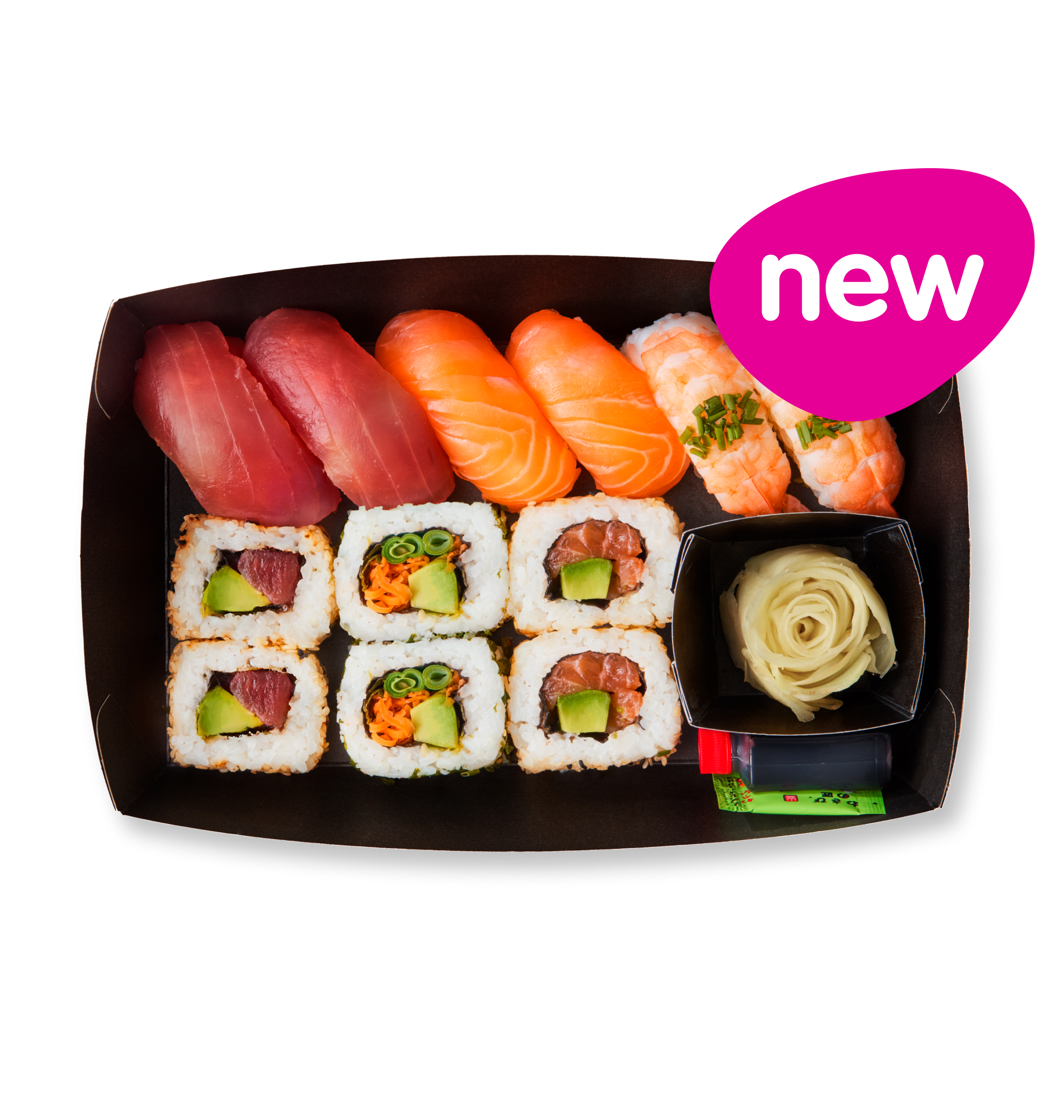 A new sushi tray with various nigiri and maki rolls, including tuna and salmon.