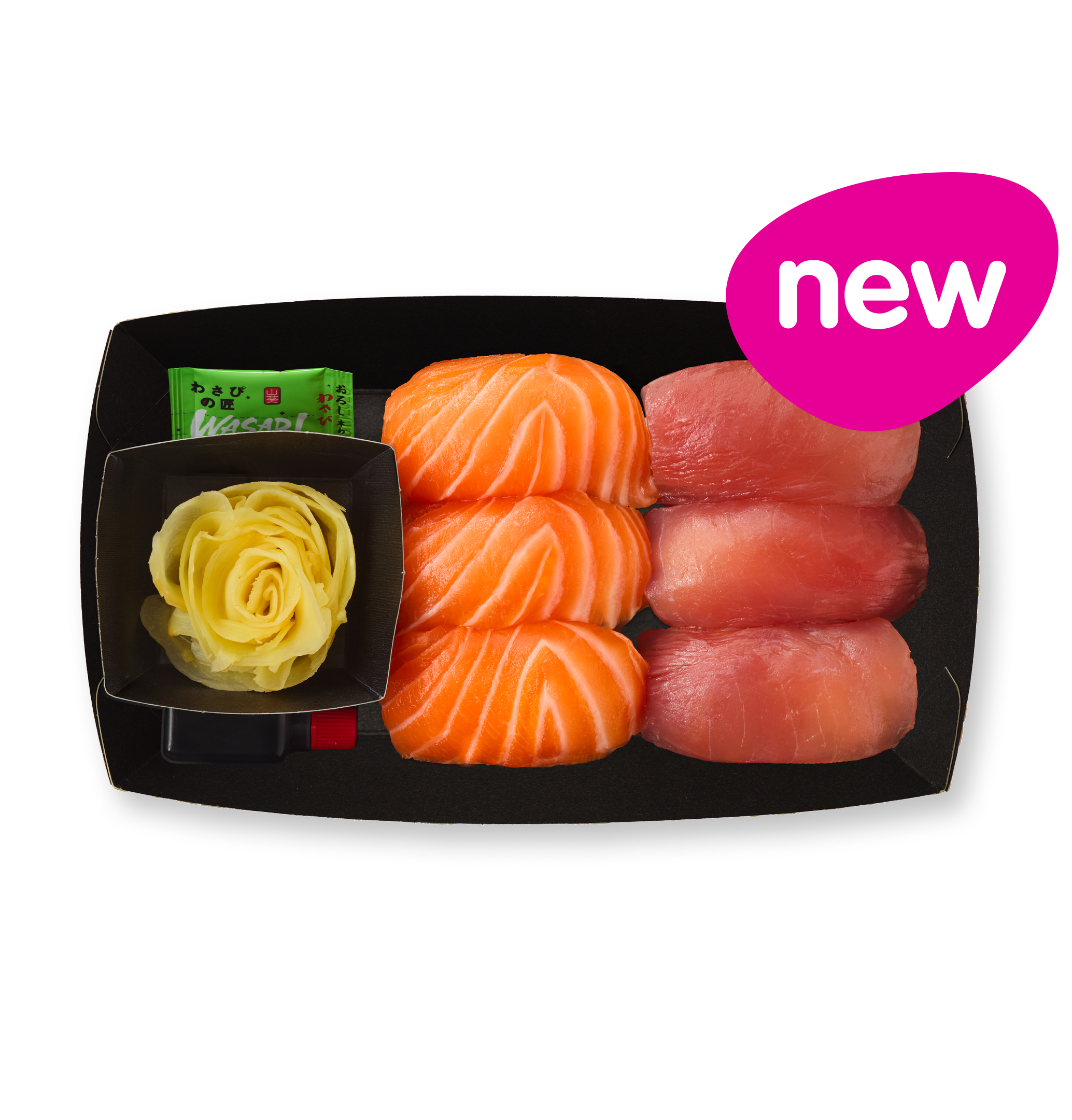 Sushi tray with three salmon and three tuna nigiri, ginger, wasabi, and a 'new' sticker.