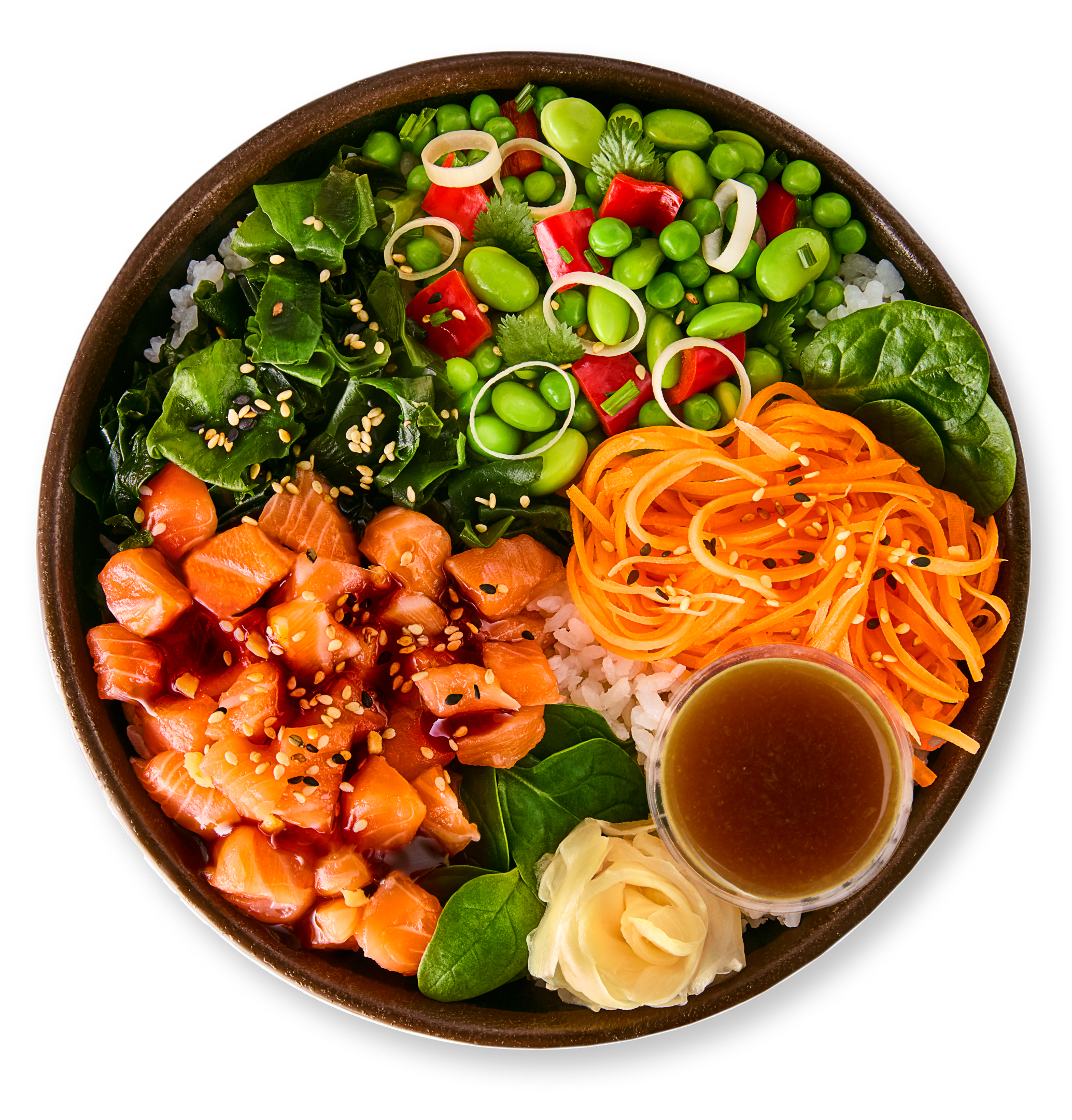 Colorful poke bowl with salmon, edamame, seaweed, carrots, rice, and ginger on white.