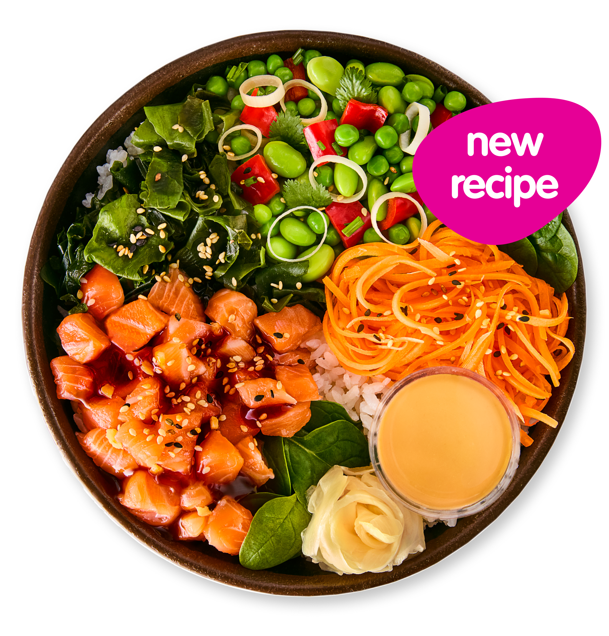 Poke bowl with diced salmon, seaweed, edamame, carrots, and a sauce, labeled "new recipe".