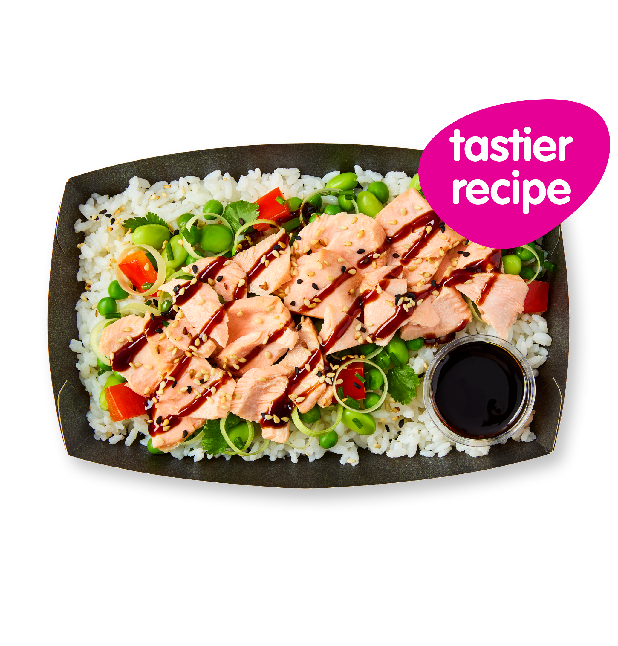 A salmon and rice bowl with vegetables, topped with sauce and sesame seeds.
