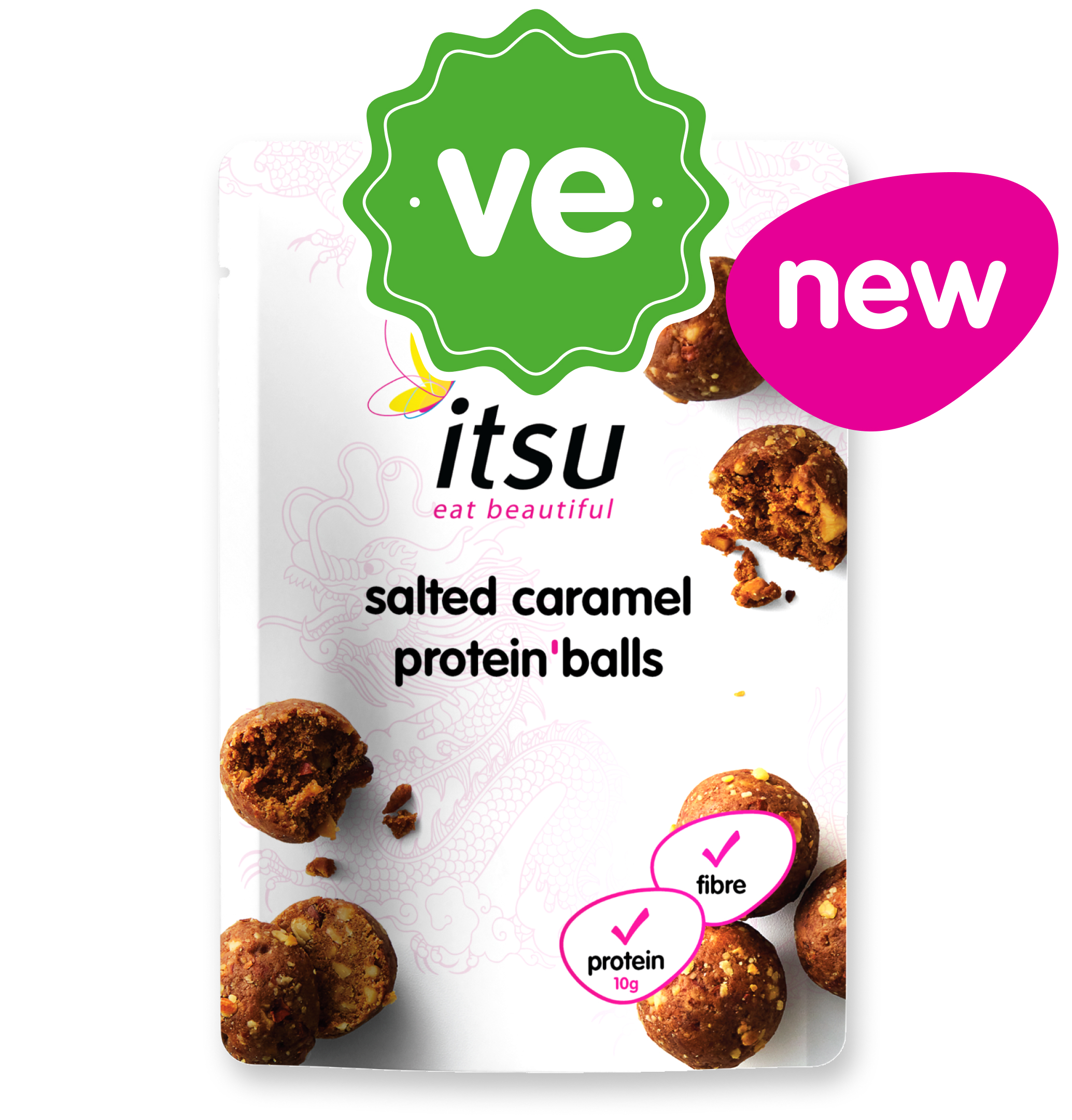 Itsu salted caramel protein balls packaging with scattered protein balls and 'new' sticker.