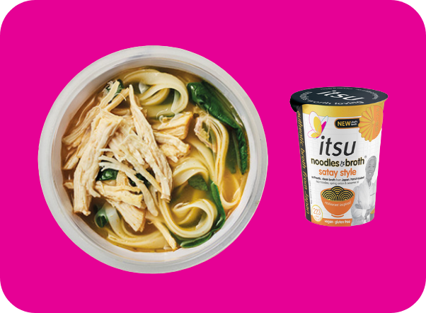 Bowl of chicken noodles with greens next to an Itsu Tokyo Style noodles and broth cup.