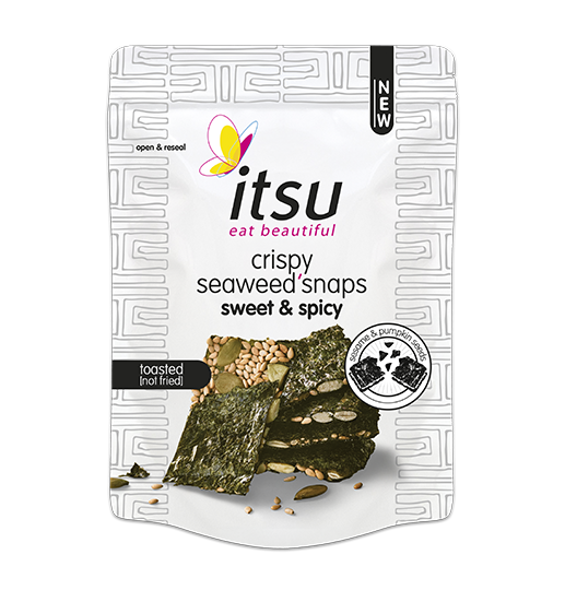 Itsu crispy seaweed snaps, sweet & spicy flavor, displayed in white and gray packaging.