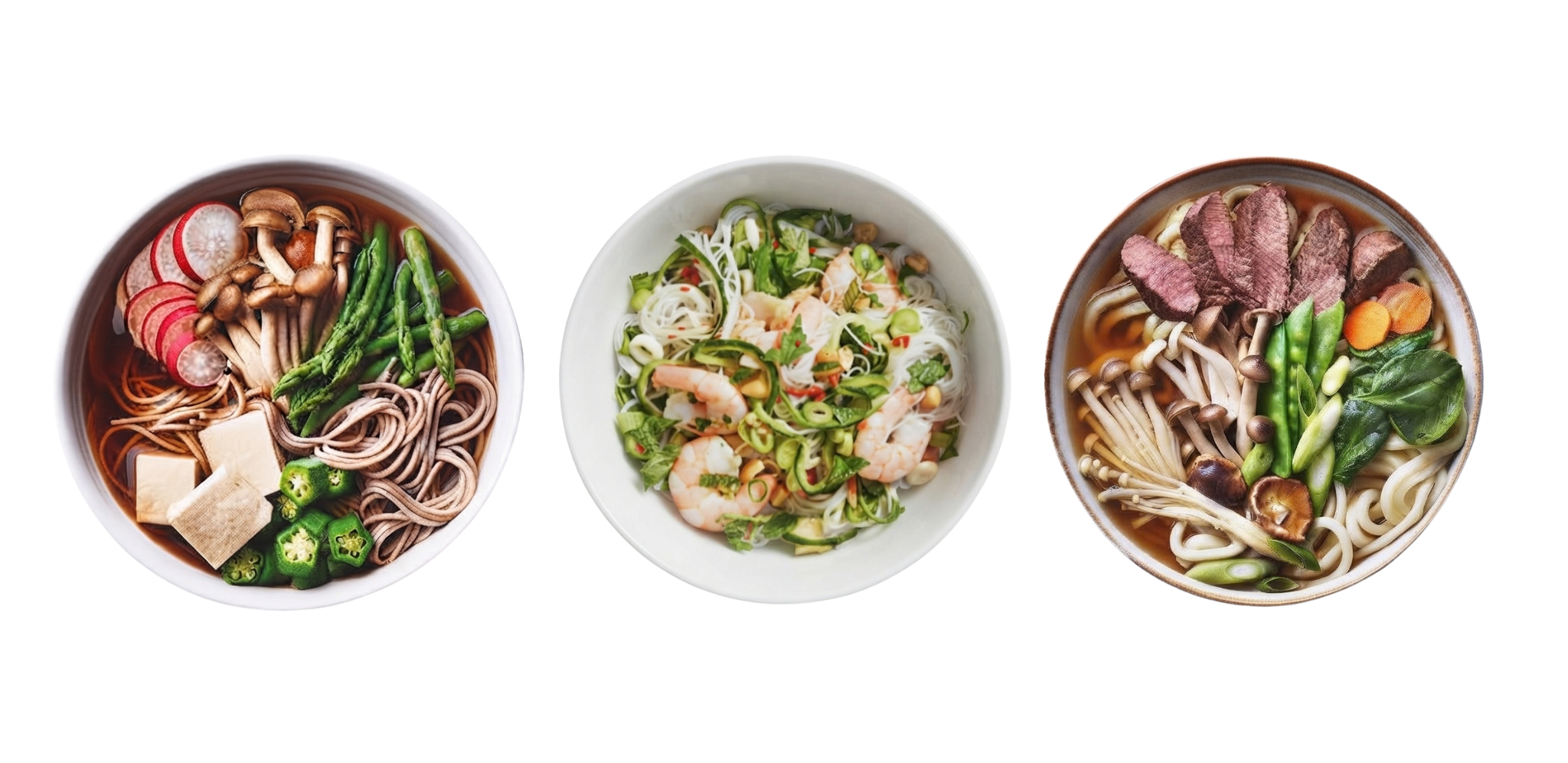 Three colorful bowls of Asian noodles and soups with fresh vegetables, meats, and seafood.