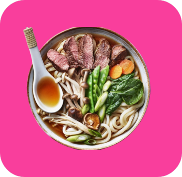 A bowl of ramen with sliced beef, thick noodles, mushrooms, and vibrant green vegetables.