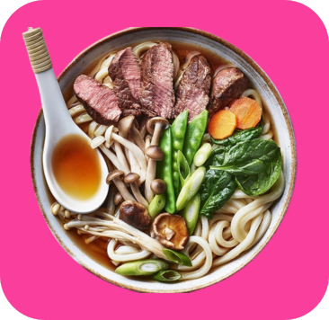 A bowl of noodle soup with sliced beef, mushrooms, green vegetables, carrots, and a spoon.