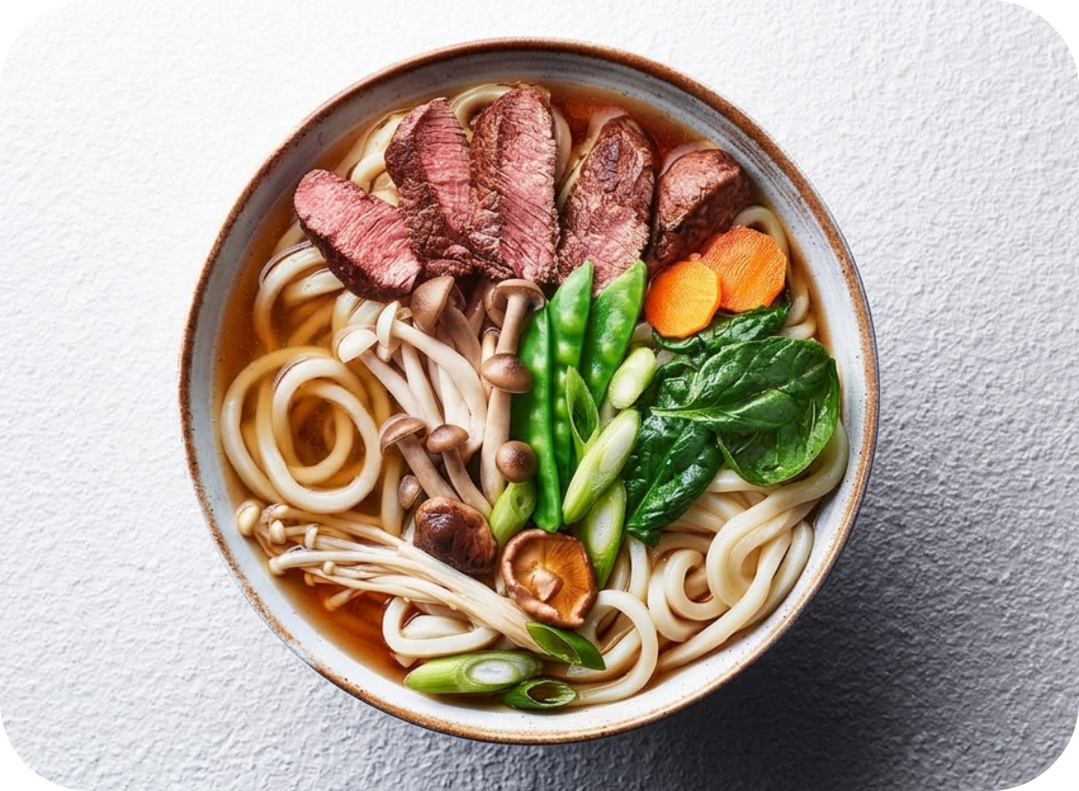 Hearty udon noodle soup featuring sliced seared beef, assorted mushrooms, and fresh vegetables.