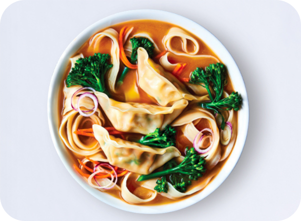 Delicious bowl of dumpling and noodle soup with broccoli and carrots.
