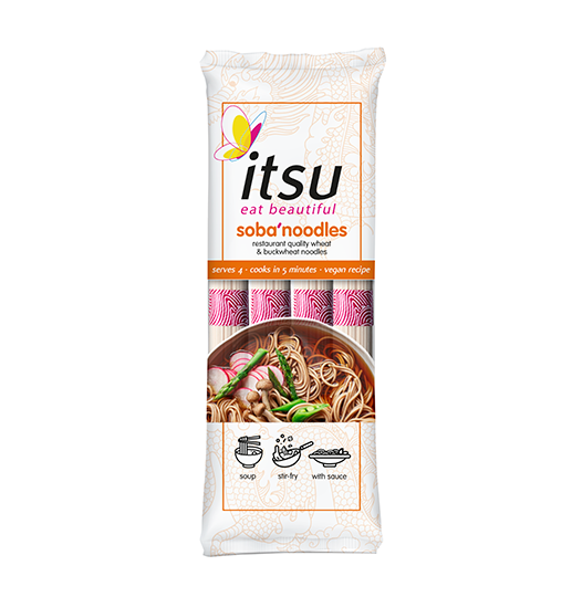 itsu eat beautiful soba'noodles package featuring an illustration of prepared noodles.