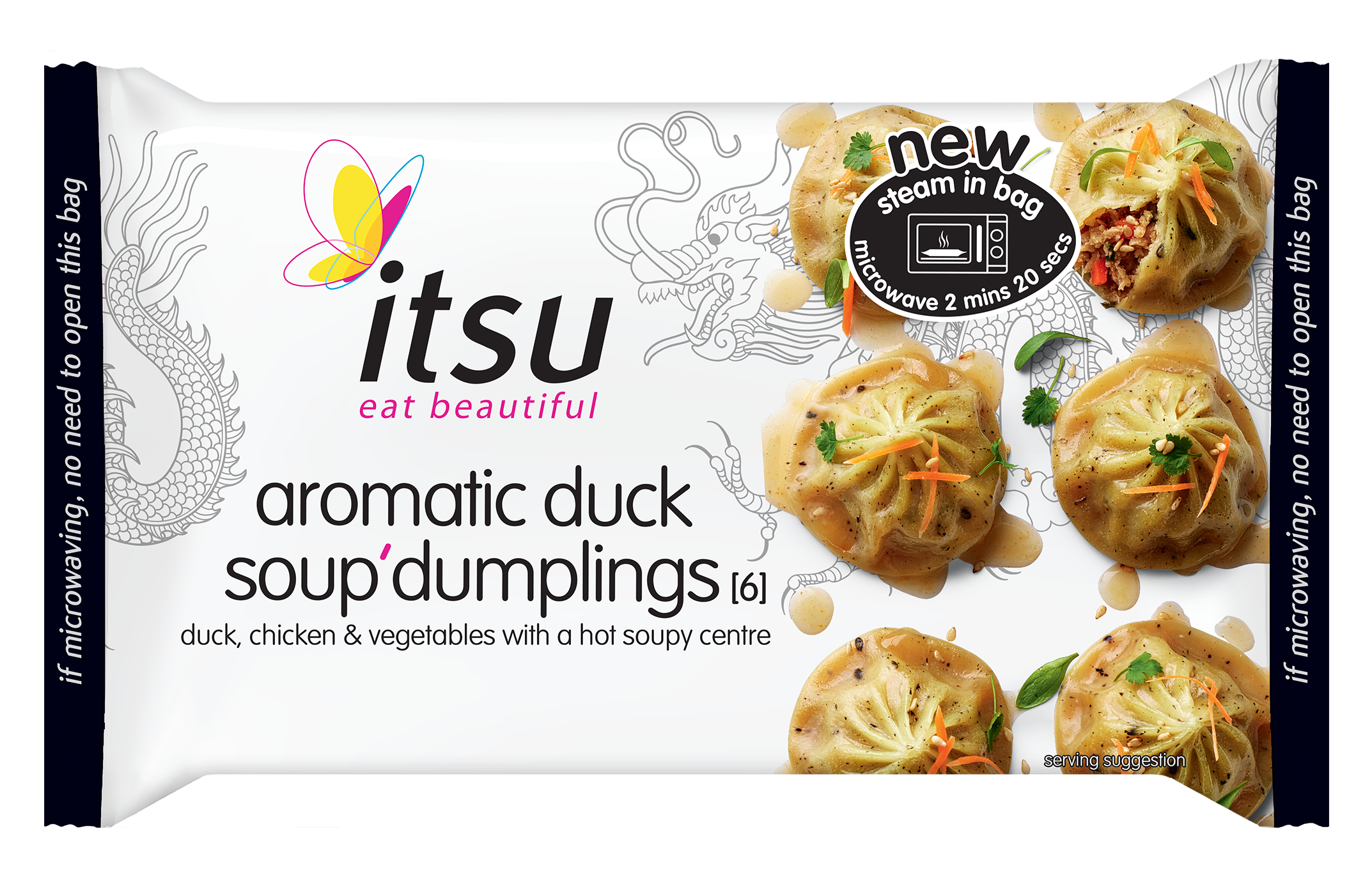 itsu aromatic duck soup dumplings package with prepared dumplings in sauce.