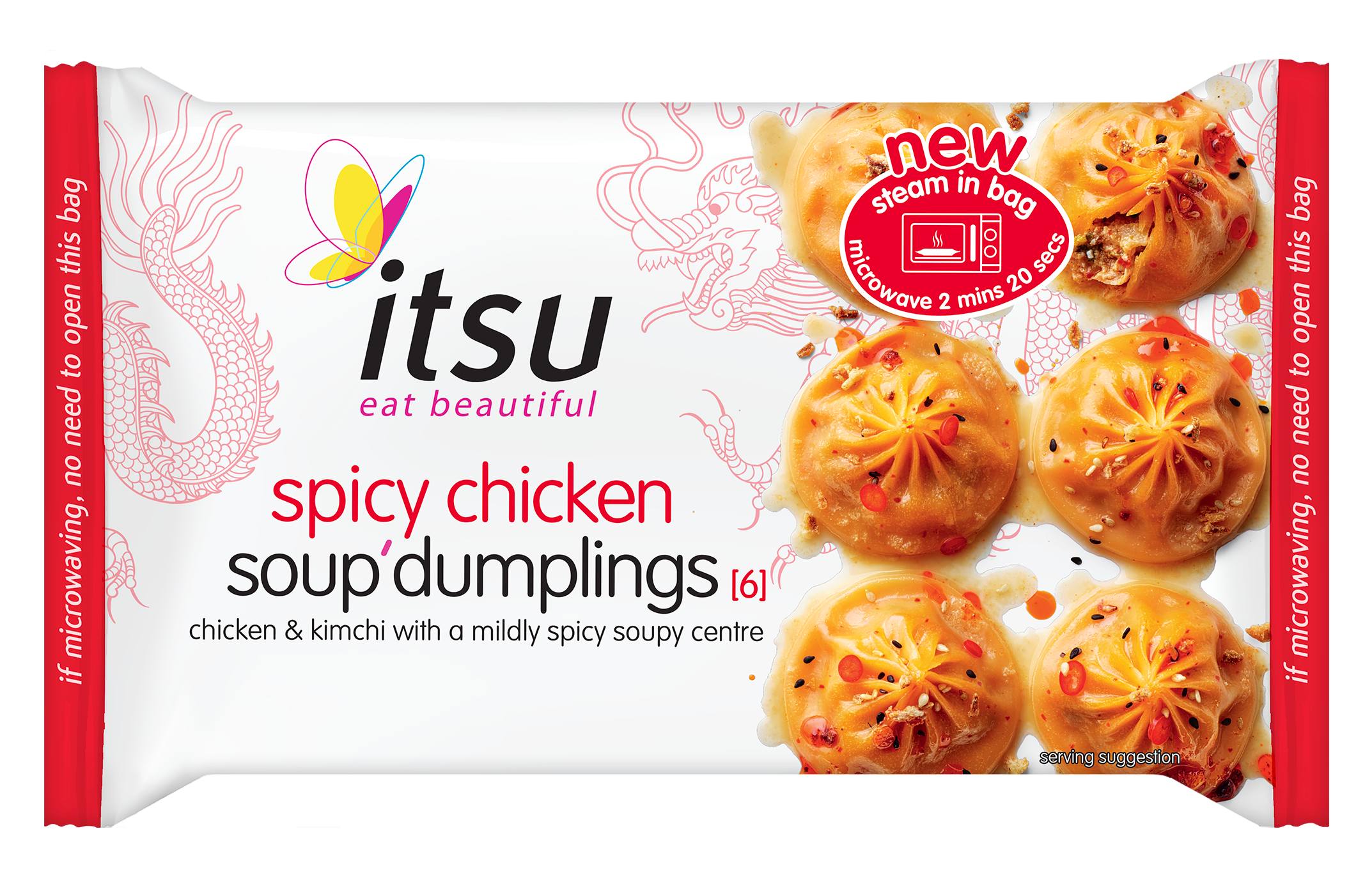 Itsu Spicy Chicken Soup Dumplings package, showing dumplings with sauce, steam-in-bag feature.