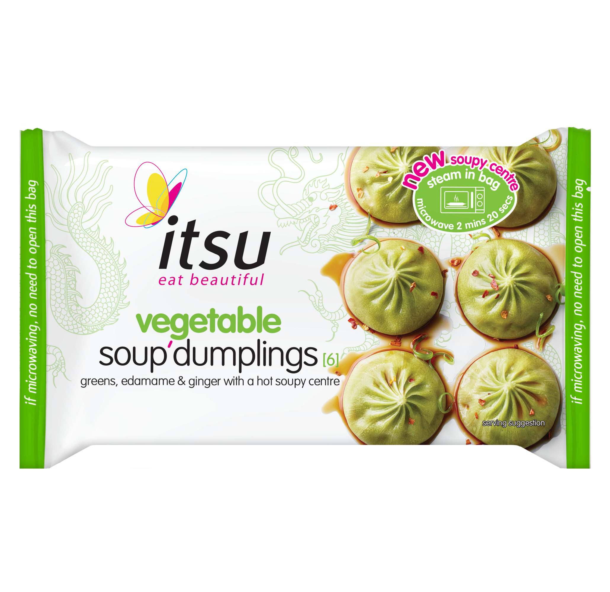 itsu vegetable soup dumplings package with six green dumplings in sauce, marked as vegan.