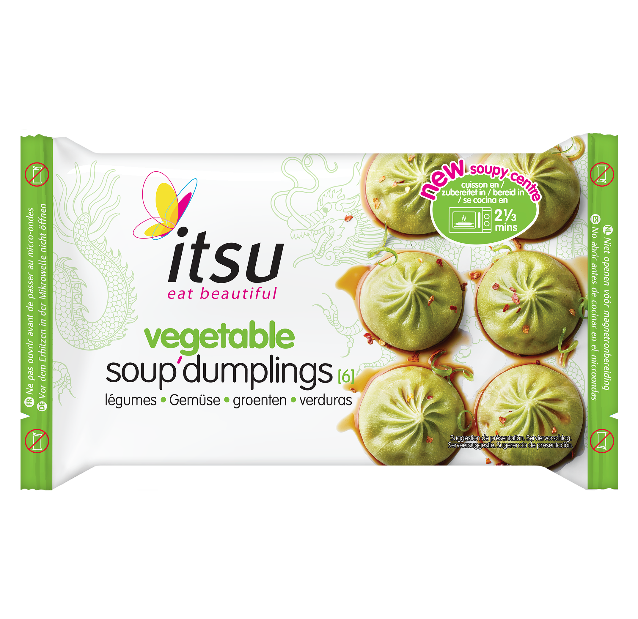 White and green itsu vegetable soup dumplings package displays six vibrant green dumplings.